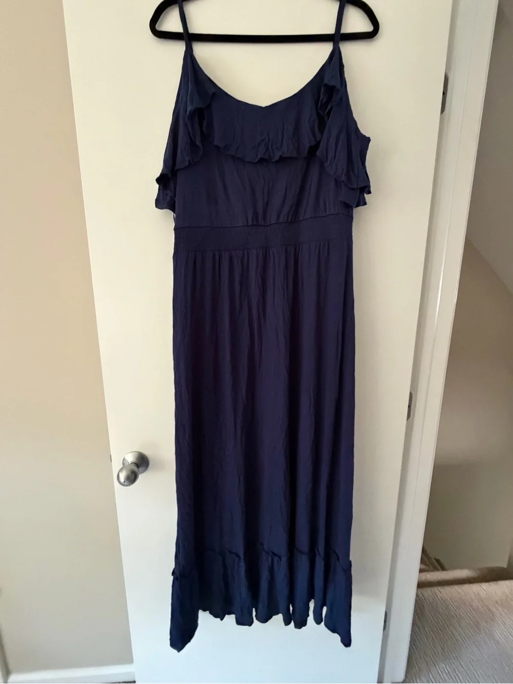 NWT women’s Michael Kors Navy Ruffle Cold-Shoulder Maxi Dress; XL